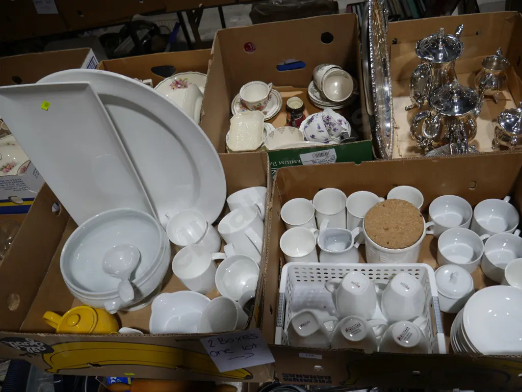 Two boxes of white dinnerware etc Image 1++