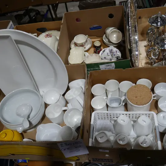 Two boxes of white dinnerware etc