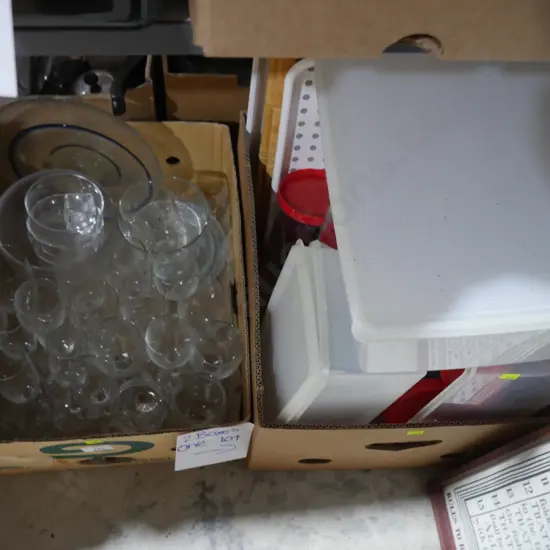 Two boxes of glassware, storage containers