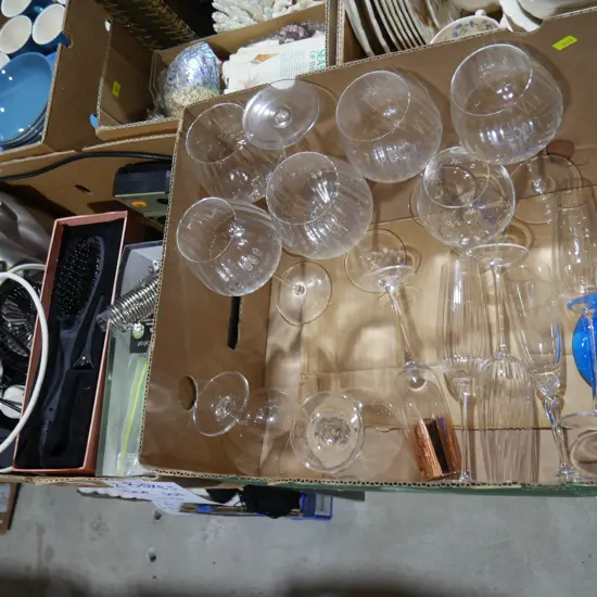 2 boxes glassware, kettle, electric hair straightening brush etc