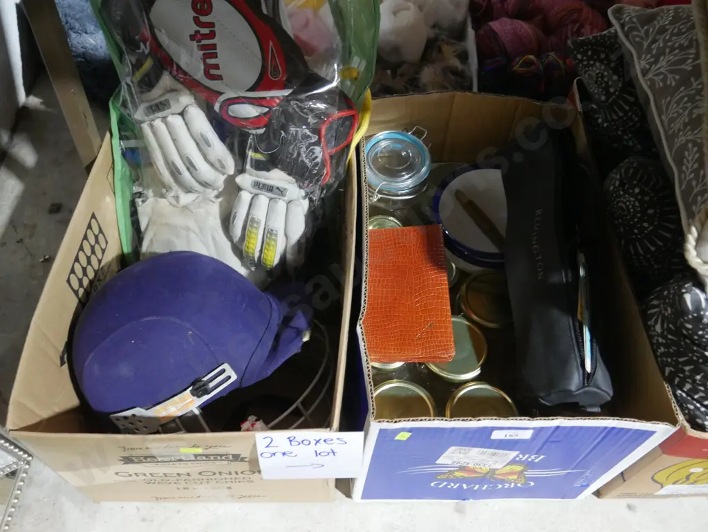 2 boxes of cricket gear, jars etc Image 1++