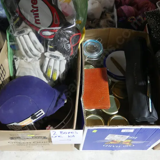 2 boxes of cricket gear, jars etc