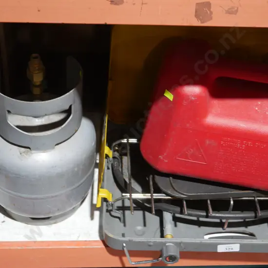 Petrol can, 2 burner camp cooker and gas bottle