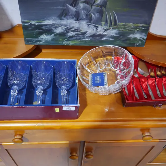 Crystal wine glasses, bowl, cutlery