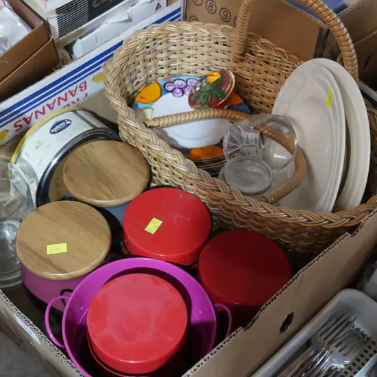 Basket, kitchen containers, plates ect