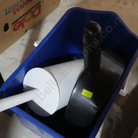 Bucket, toilet brush and dust pan