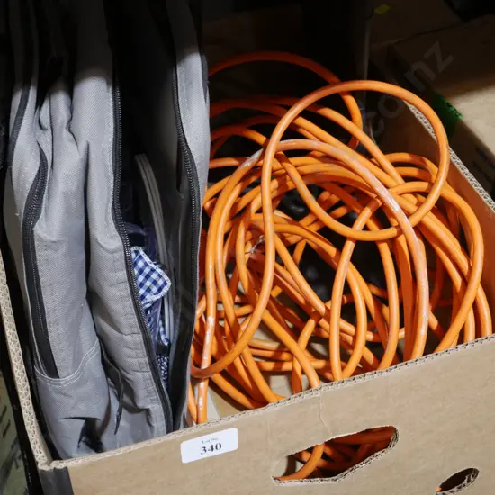 Bag of kitchen ware, extension cord & gumboots