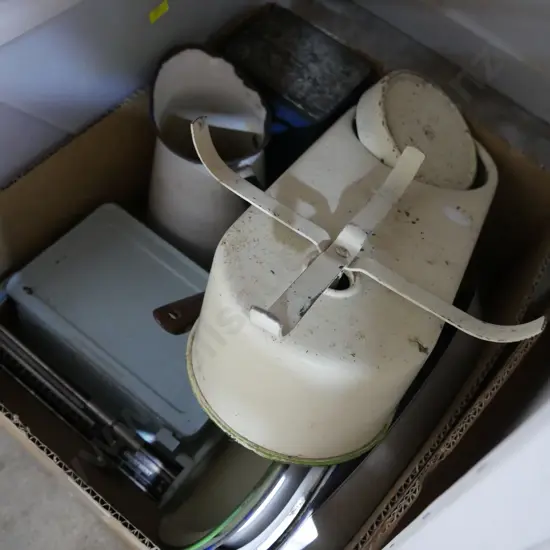 Vintage scales, enamel pots etc