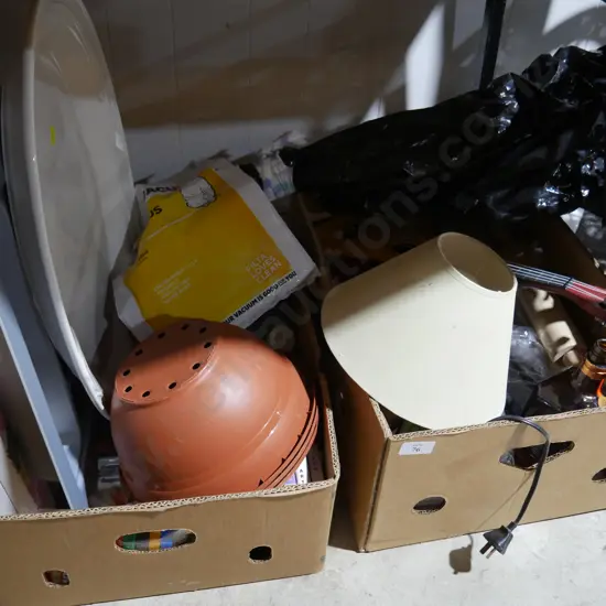 2 boxes, ukelele, kitchenware etc