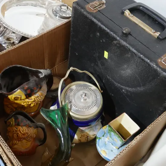 Whisky jugs, glass fish etc