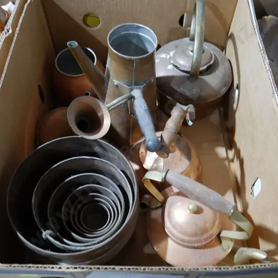 Brass, copper teapots etc