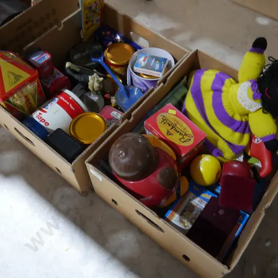 2 boxes of vintage tins, toys etc