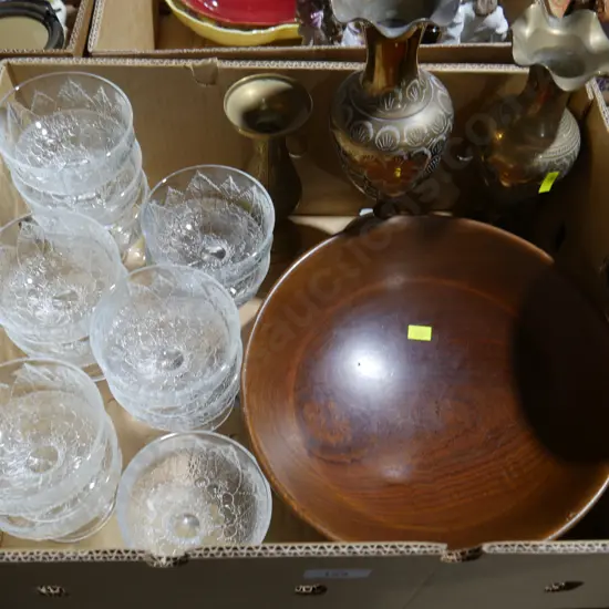 Glassware, brass vases etc