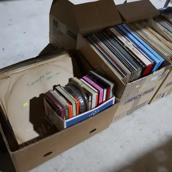 3 boxes of large records, vintage tapes, LP's