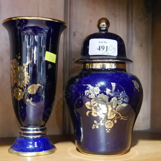 Blue & gold vase, cover dish