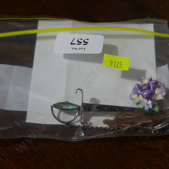 Paua sword, flower brooch etc