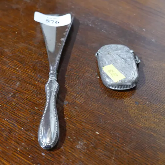 Sterling vesta case, shoe horn