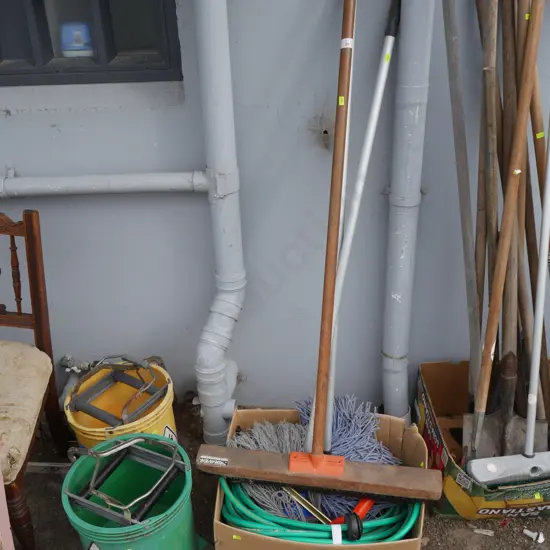 Bucket and mops, broom, garden hose
