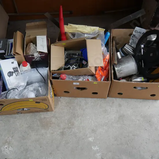 Three boxes of assorted garage sundries etc