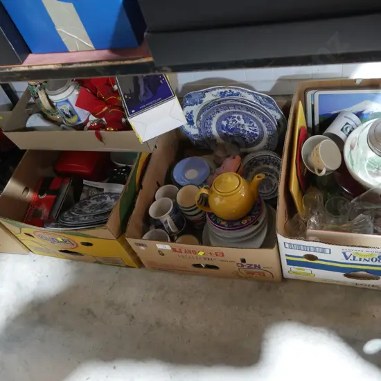 Five boxes of assorted kitchenware etc