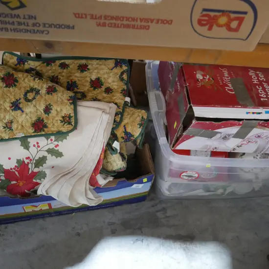 Two boxes of Christmas dinnerware etc