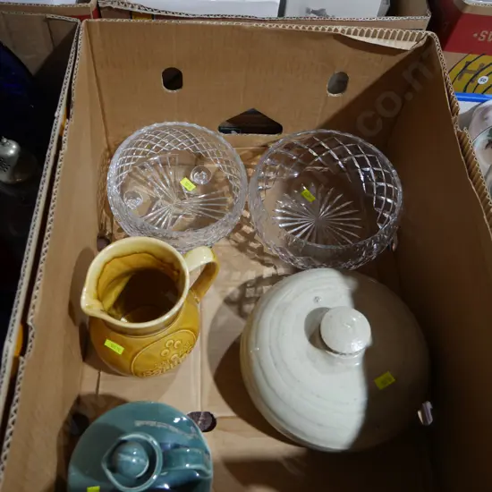 Glass bowls, stone hot water bottle etc