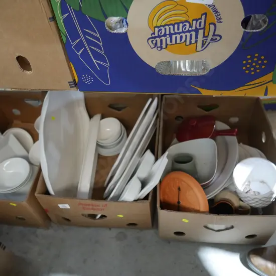 Three boxes of white dinnerware etc