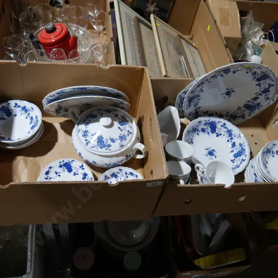 Two boxes of blue and white china