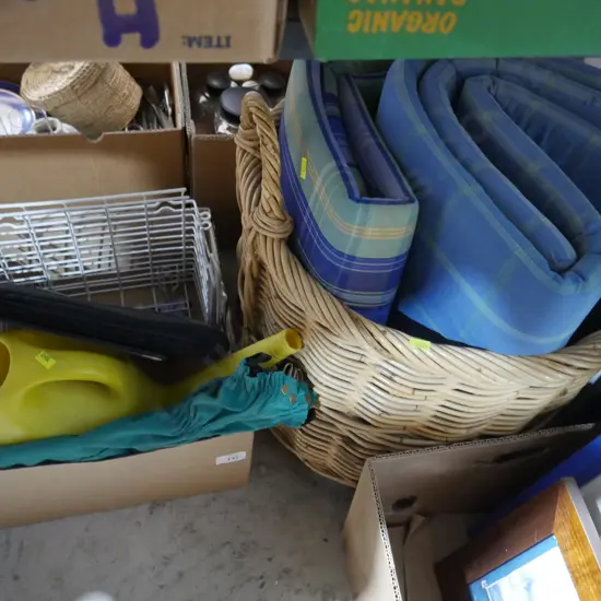 Basket, cushions, watering can etc