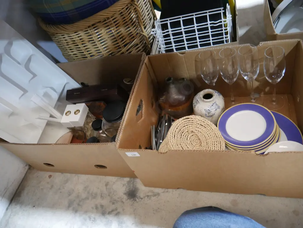 Two boxes cutlery tray, cutlery, glassware etc Image 1++