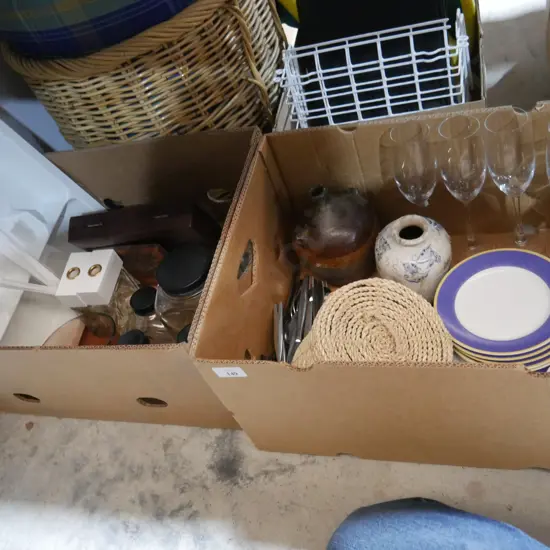 Two boxes cutlery tray, cutlery, glassware etc