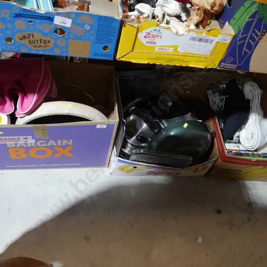 Three boxes pots and pans, other sundries