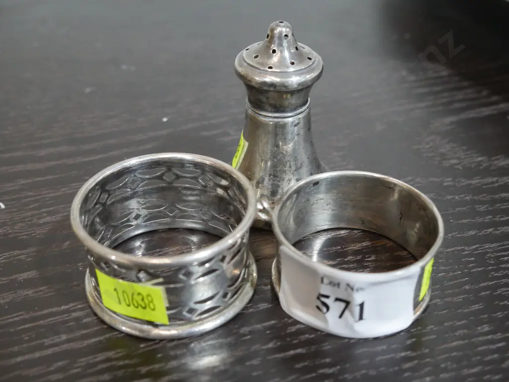 Sterling silver serviette ring, and another plus a plated condiment Image 1++