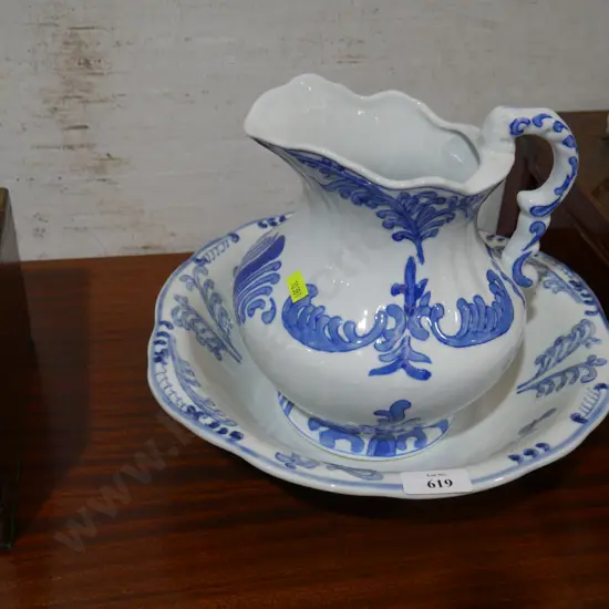 Blue and white jug and bowl