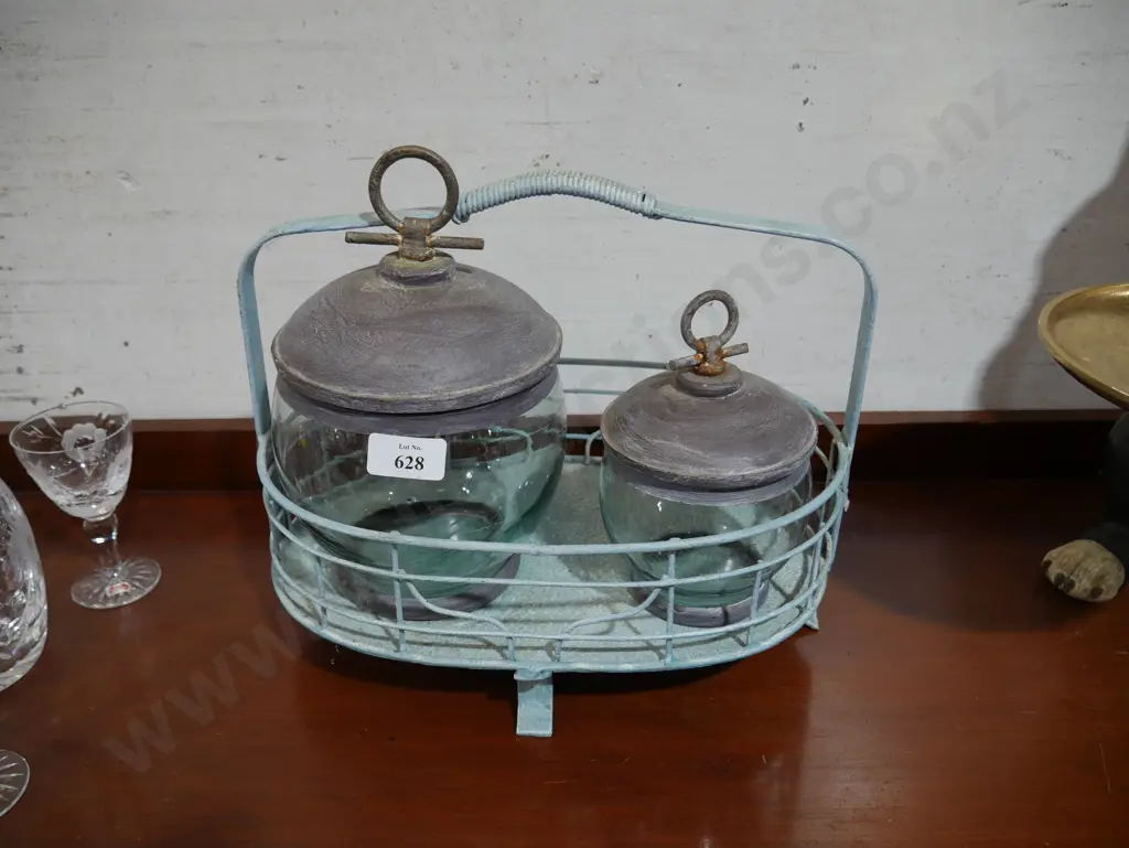 2 glass storage jars and metal carrying basket Image 1++