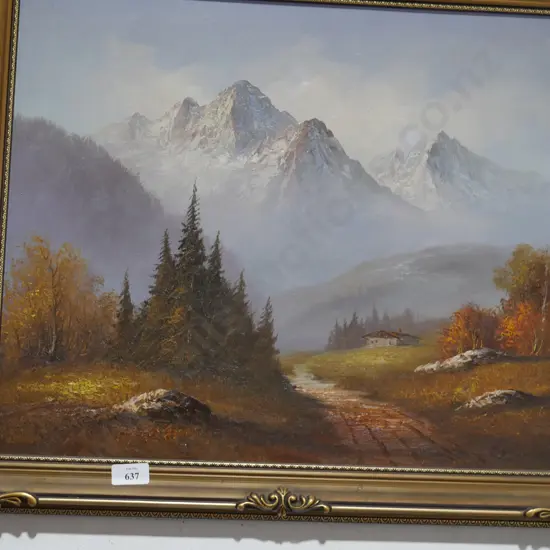 Framed mountain scene oil painting