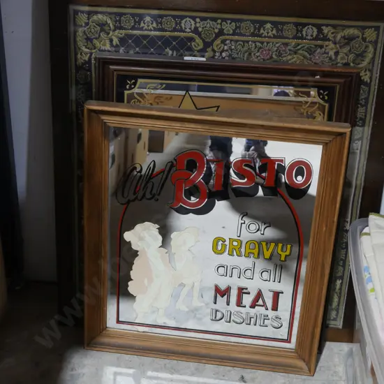 Advertising mirror, framed tapestry