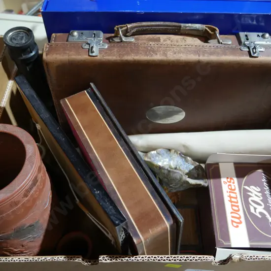 Leather briefcase, pottery etc