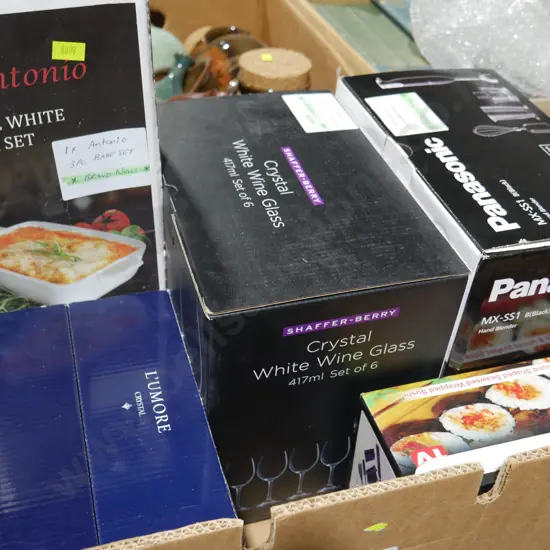 Boxed glassware, blender etc