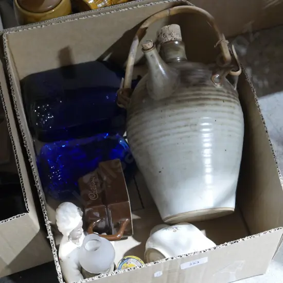 Pottery wine jug, blue glass bottles etc