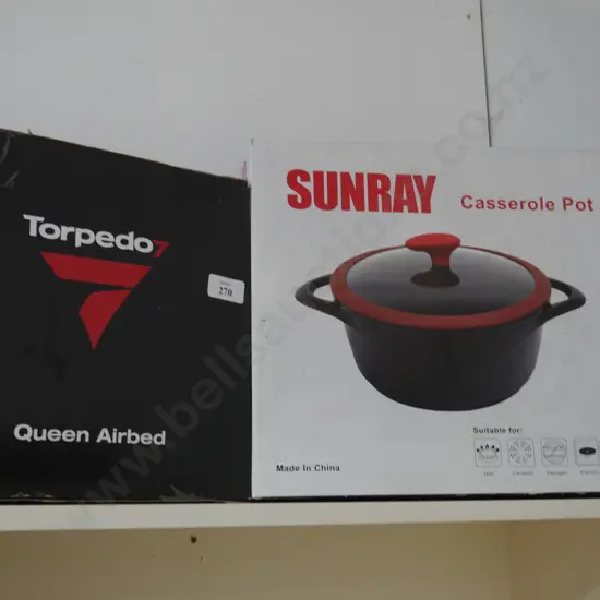 Casserole pot and queen airbed