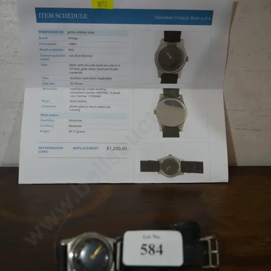 Omega gents military style watch - Val $1200