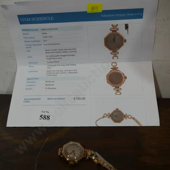 Ladies 9ct gold Rolex watch - Val $700