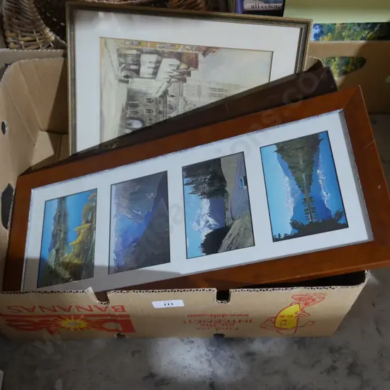 Box of framed pictures and art