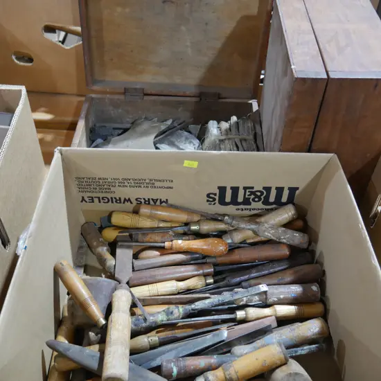 Box of chisels and 2 boxes