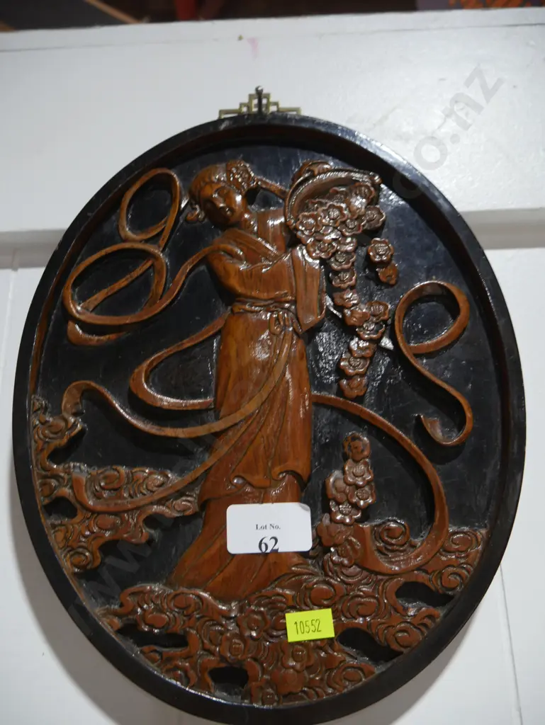 Pair of wooden carved oriental lady wall plaques Image 1++