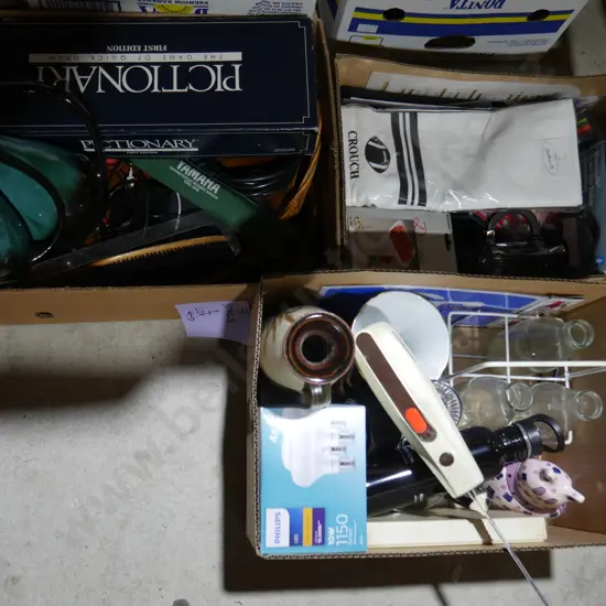 3 boxes Blue mountain pottery vases, Pictionary etc