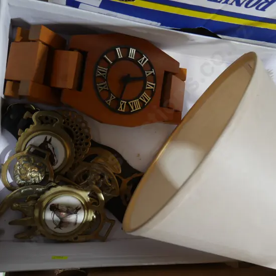 Horse brasses, clock etc