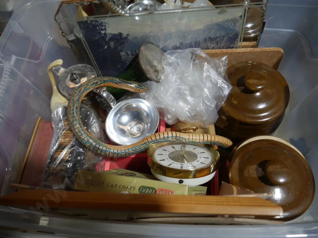 Picture mirror, pottery lidded jars, wooden snake etc Image 1++