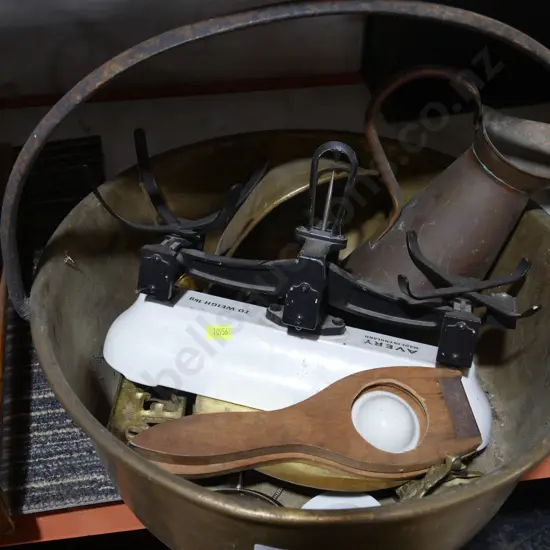 Brass jam pan, scales etc